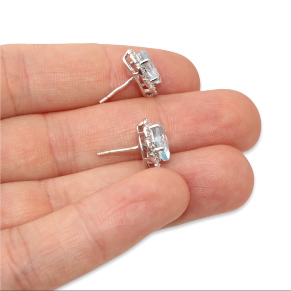 Estate Sky Blue Topaz Sterling Silver Teardrop Stud Earrings Cubic Zirconia Halo - Picture 4 of 4